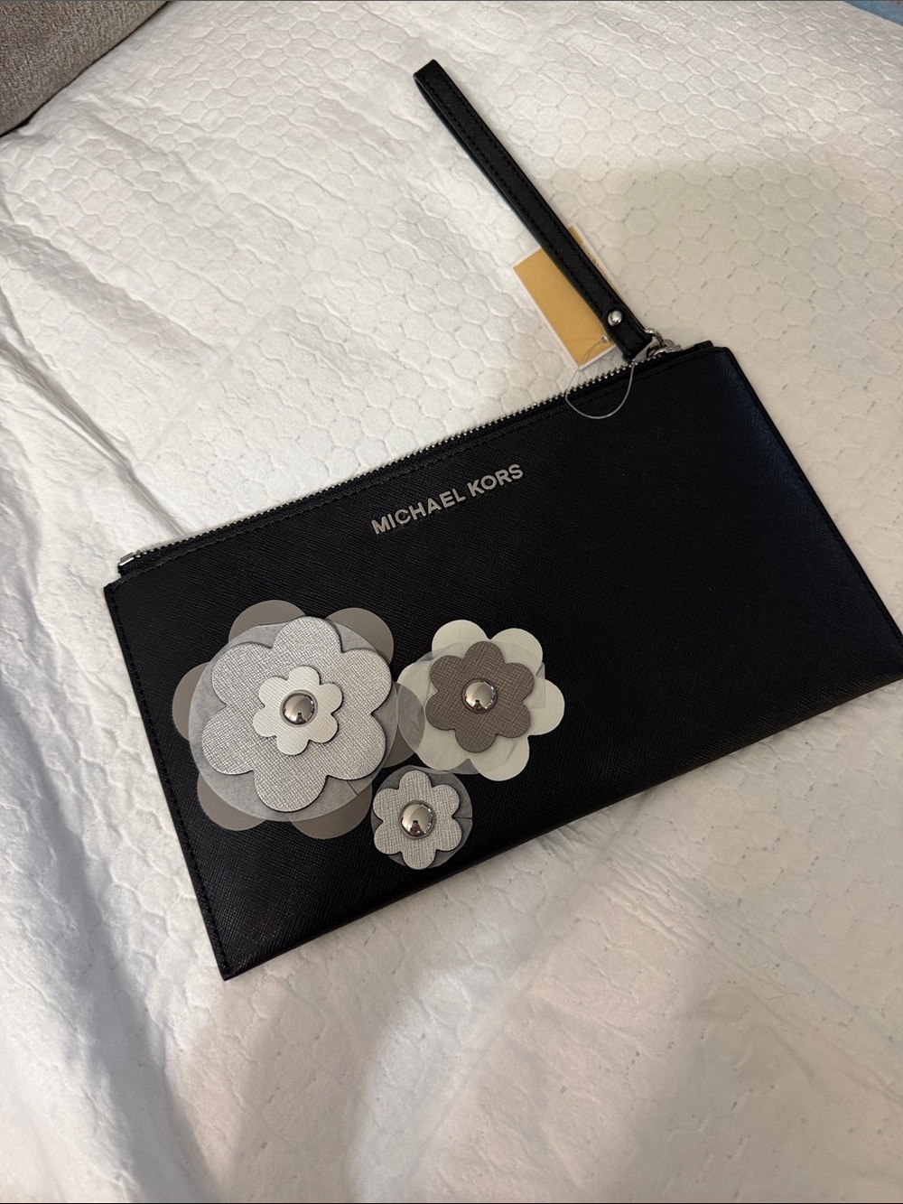 Michael Kors Black Floral Appliqué Wristlet Clutch